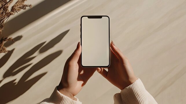 Close-Up View of a Person Holding a Modern Smartphone with a Blank Screen Against a Soft Neutral Background Featuring Gentle Shadows and Textures