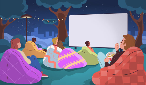Outdoor cinema theater. Night movie night summer festival, people watching film screen projector in park backyard lawn open air theatre entertainment classy vector illustration