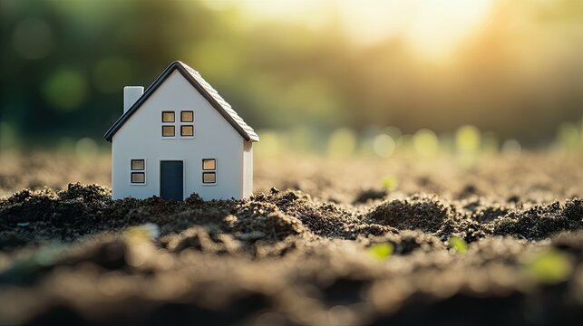 Miniature house model on rich soil with soft sunlight shining in the background, symbolizing growth and new beginnings in real estate and home building