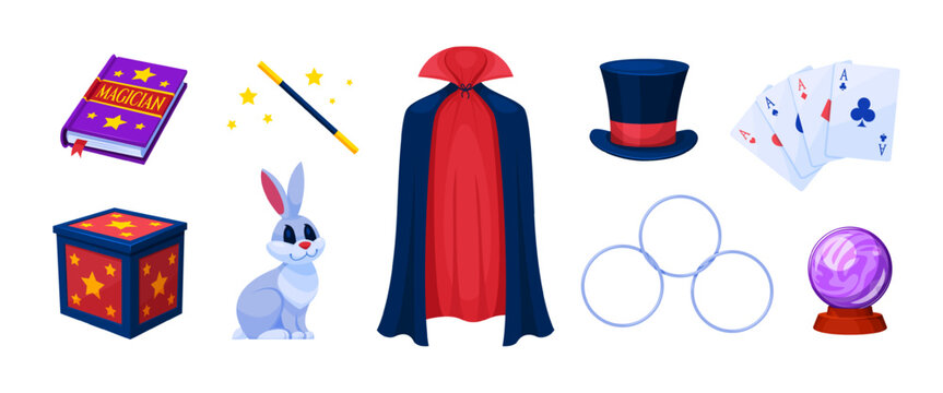 Magician trick elements. Magic trick accessories, wizard conjurer tool circus performer show set hat cloak crystal ball card box book rabbit cartoon qualitative vector illustration