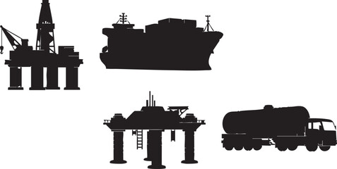 Obraz premium Black silhouettes of industrial vehicles and offshore oil rigs