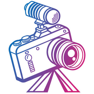 Professional vlogging camera with external microphone and tripod stand on white background featuring blue and purple gradient linear outline design