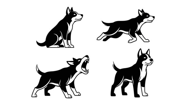 Black and White Dog Illustrations - Sitting, Running, Barking, Standing.
