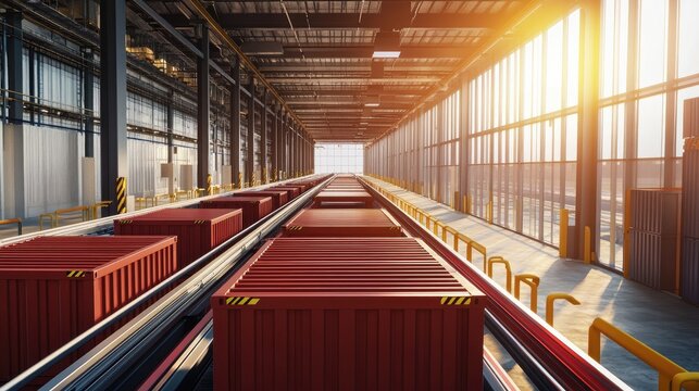 Modern Cargo Warehouse Interior with Shipping Containers Under Bright Sunlight in Industrial Setting for Logistics and Supply Chain Management