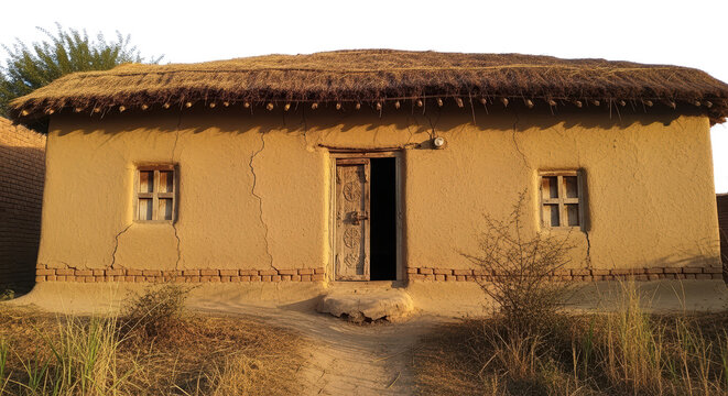 Traditional mud house with thatched roof, rustic clay cottage in rural village, ancient earthen architecture with wooden door and windows isolated PNG with Transparent Background
