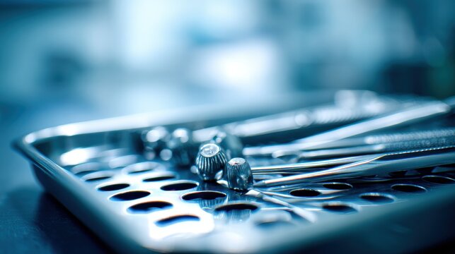 Polished chrome instrument tray with indentations and surgical tools