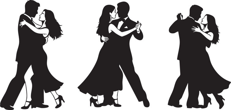 Black silhouettes of three dancing couples in different poses white background