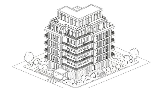 Detailed isometric line drawing of a modern multi-story residential building with balconies and surrounding trees.