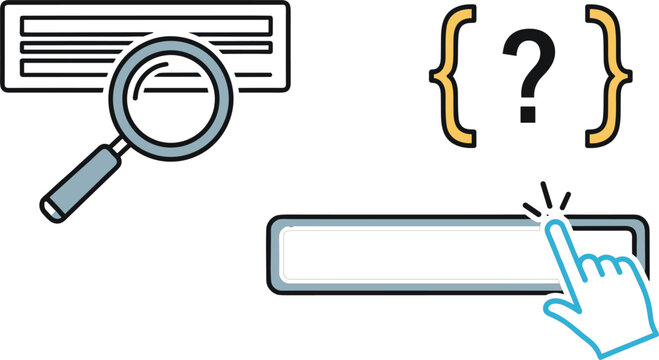 Search bar interface with magnifying glass question mark and clicking hand user experience concept flat vector illustration