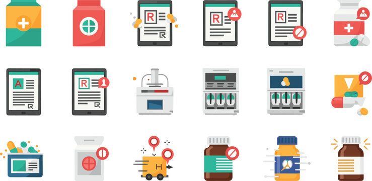 Pharmacy and Medicine Vector Icon Set with Prescription Pills, Medication Bottles, Tablets, Delivery, Digital Prescriptions, and Pharmacy Management Tools for Healthcare and Medical Illustrations