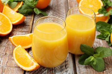 Citrus juice in glasses, fresh oranges and mint leaves on wooden table, closeup © New Africa