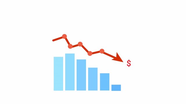 Animated declining chart with falling arrow isolated on transparent background, ideal for overlays, representing financial loss, negative trends, and market downturn.