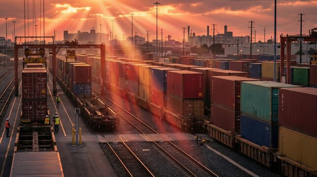 Sunset rays illuminating busy cargo train yard, rows of colorful containers, railway tracks stretching, urban logistics hub, transportation network