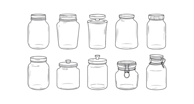 Assortment of clear glass jars with different lids for canning and storage purposes