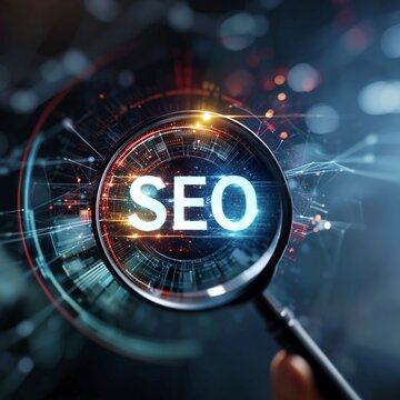 Magnifying glass highlighting SEO on a digital circuit interface