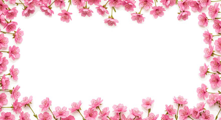Fototapeta premium Cherry blossoms border on white background with pink floral frame