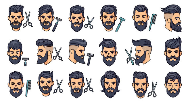 Diverse male hairstyles and grooming tools collection in modern flat design style