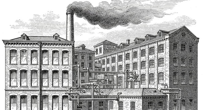 Vintage industrial building with smokestack and detailed architecture