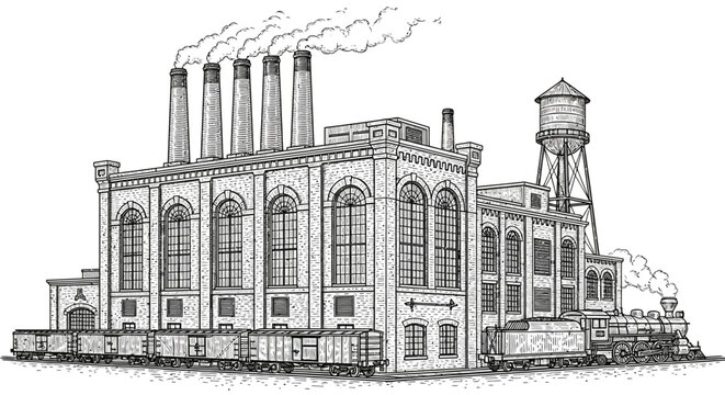 Vintage industrial factory with trains and water tower in detailed line art