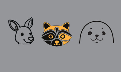 Fototapeta premium Cute cartoon animal head icon set featuring a kangaroo raccoon and seal in flat line art style