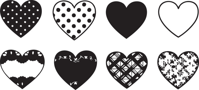 Eight stylized heart silhouettes in black and white polka dots