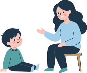 Fototapeta premium Mother and Child Having Conversation, Woman Teaching Boy Sitting on Floor, Friendly Flat Cartoon Style Vector Illustration 