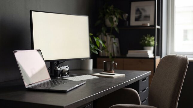 design clear i dark desk ceramic designer copy creative laptop home trendy space workplace camera Open chair background blank copy hipster business frame space grey computer screen computer display 