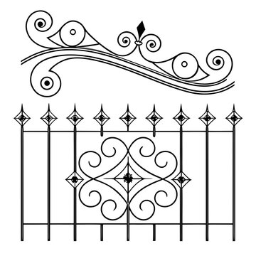 Forged iron gate patterns and ornamental metal scrolls featuring classical architectural elements for wrought iron fencing and structural decoration