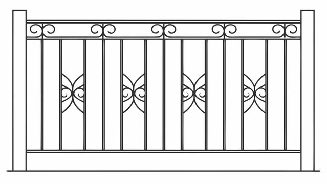 Classic metal fence vector illustration with ornate forged elements, wrought iron railing for balcony or garden design