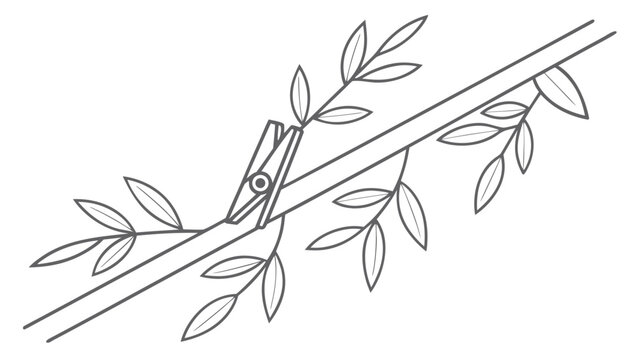 Single line drawing of clothespin holding branch with leaves on white background isolated vector illustration