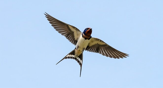 A vibrant barn swallow with its characteristic blue, red, and white plumage soars gracefully through a clear, bright blue sky.