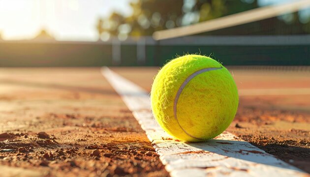 A close-up of a tennis ball on a clay court with net and sunlit background