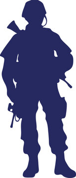 Silhouette of heavily armed soldier standing in full tactical gear against plain background