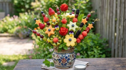 Naklejka premium A colorful fruit bouquet with strawberries, blueberries, and other fruits arranged in a vase on a wooden table in a garden setting.