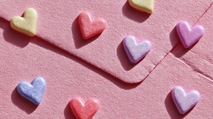 Fototapeta premium Hearts adorning an envelope rest on a pink surface, viewed up close.