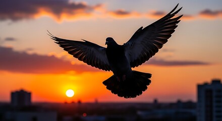 Fototapeta premium A majestic pigeon in dark silhouette gracefully spreads wide wings, soaring against a brilliant, vibrant sunset over a bustling urban city skyline.