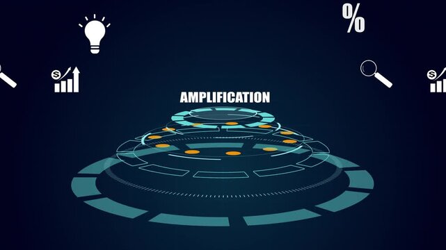 Digital signal amplification concept, Futuristic HUD interface with glowing data nodes, Business expansion and high performance icons, Innovation.