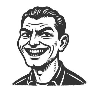 sly smiling man with exaggerated expression, internet trolling, sarcasm, manipulation, and online negativity sketch engraving generative ai raster illustration. Scratch board. Black and white image.
