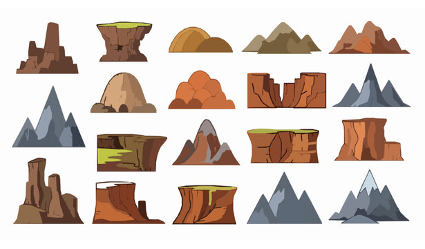 Cartoon mountain and canyon vector set with rocky cliffs snowy peaks and hills for outdoor adventure design