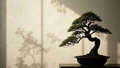 Fototapeta premium Elegant Bonsai Tree Casts Intricate Shadows in Soft Morning Light