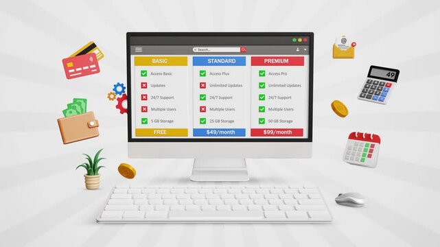 User Comparing Pricing Plans. Subscription Tier. SaaS Signup Concept. Membership Upgrade, Plans Comparison, Billing And Best Value Concept. Subscription Plans Dashboard on Computer. 4K 3D Video
