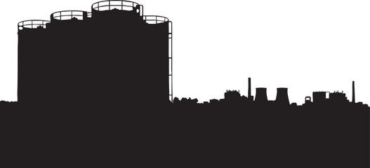 Silhouette of industrial cityscape with large cylindrical structure factory buildings © MDARMAN