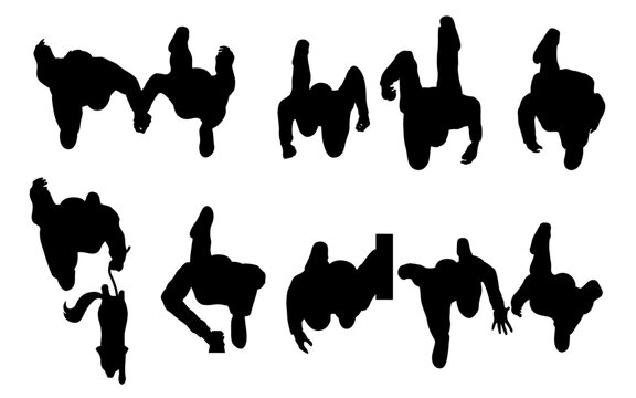 set of people lifestyle walking, running top view in city silhouette for architectural. men, women and businessman. black shadow plan vector illustration.