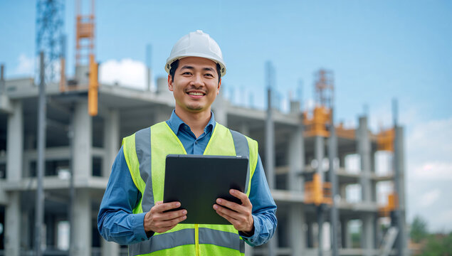 Asian construction engineer in hard hat and safety vest holding tablet on site.