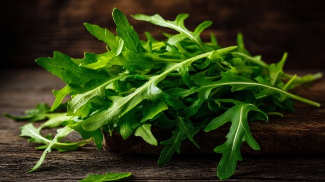 Leafy green arugula sits on a dark wooden table.