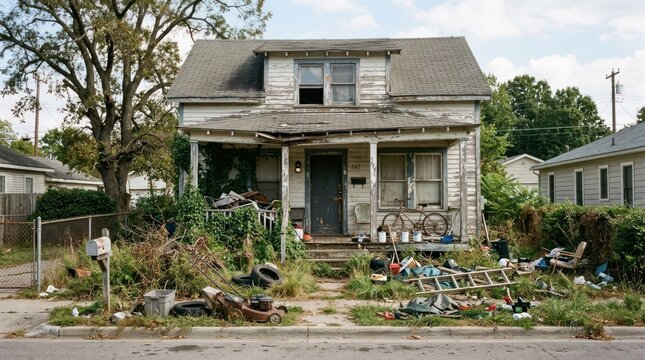 A dilapidated house with a front porch, surrounded by overgrown vegetation and trash, in a neglected neighborhood.