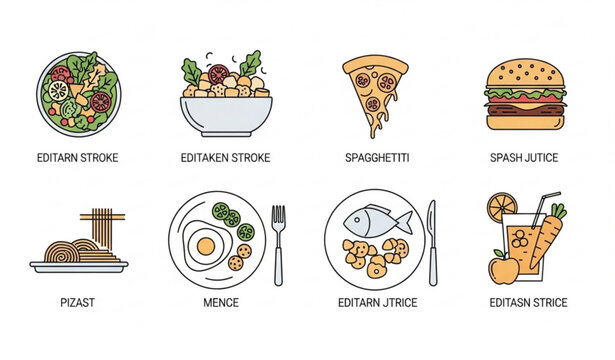 Meal line icon bundle with vegetable salad pizza pasta burger and juice editable stroke