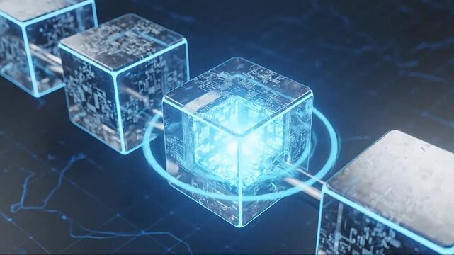 Illuminated digital blockchain cubes featuring intricate circuit patterns interconnected with glowing blue energy lines representing secure data transfer, decentralized network technology, and innovat
