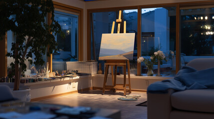 Fototapeta premium Deserted senior center activity room at twilight with abandoned art supplies and single unfinished painting on easel, perfect for mental health resources and contemporary wellness theme cinematic co