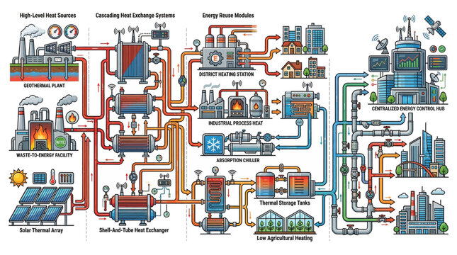 Industrial process flow diagram with various systems and machinery.